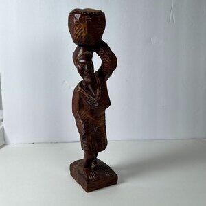 Vintage Carved Wooden 11.5” Woman Carrying Basket of Food on Head‎ Statue Haiti